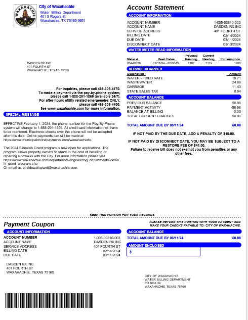 USA CITY OF WAXAHACHIE business utility bill Word and PDF template PSD template